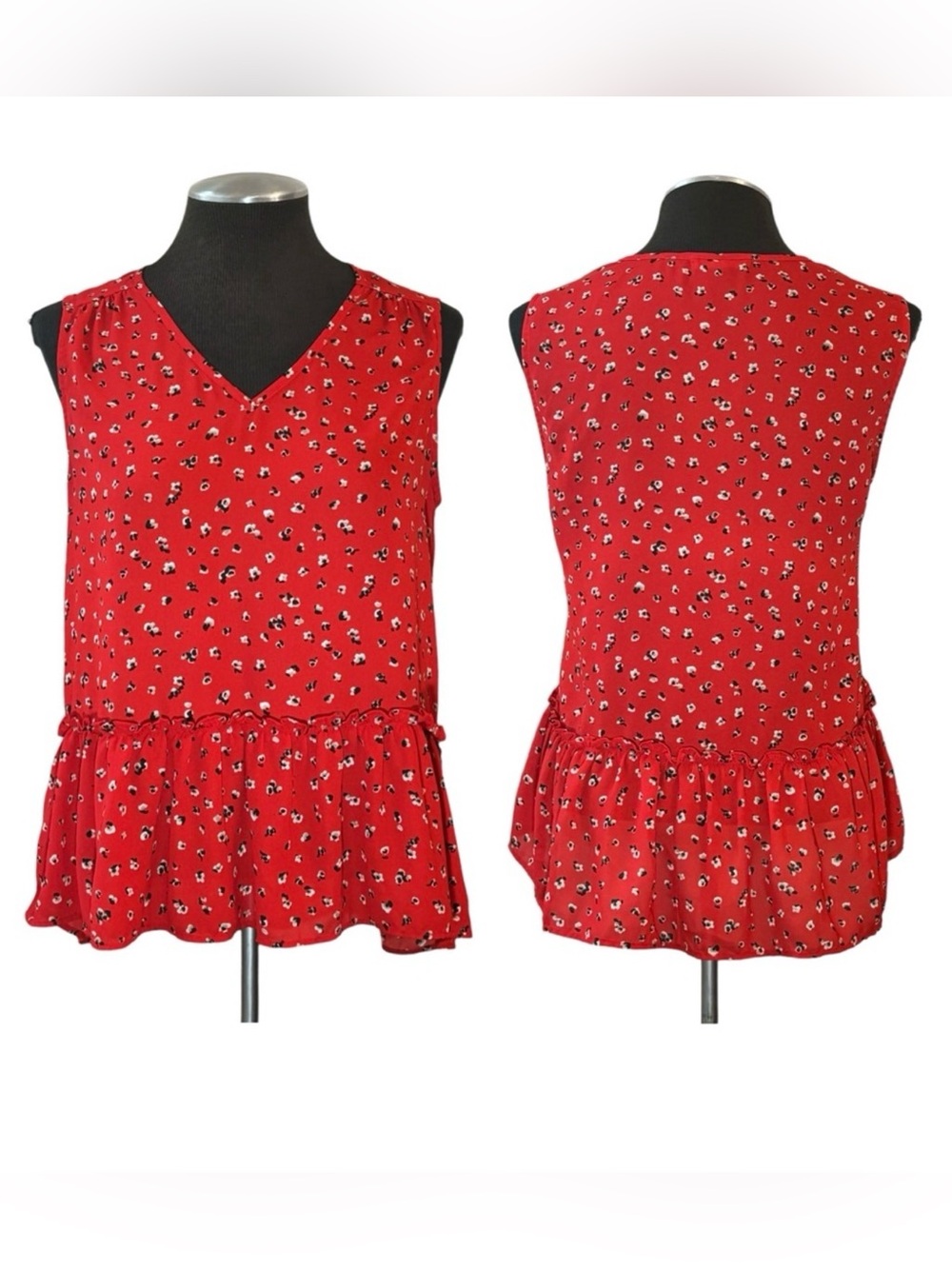Pleione Red Floral Peplum Ruffle Sleeveless Boho Versatile Tank Top Size M